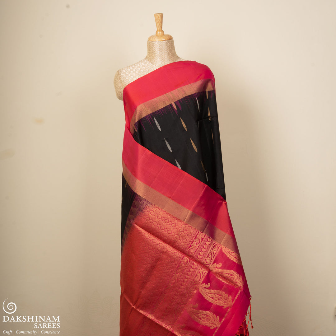Pleats/body of Handwoven Black with Pink color Soft silk Saree