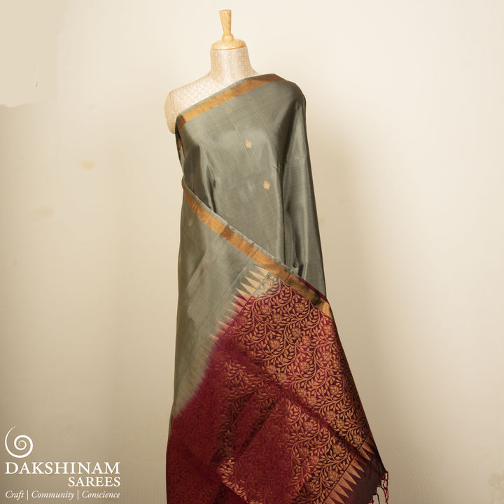Pleats/body of Handwoven Grey with Maroon color Soft silk Saree