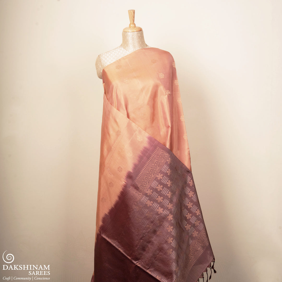 Pleats/body if Handwoven Peach with Brown color Soft silk Saree