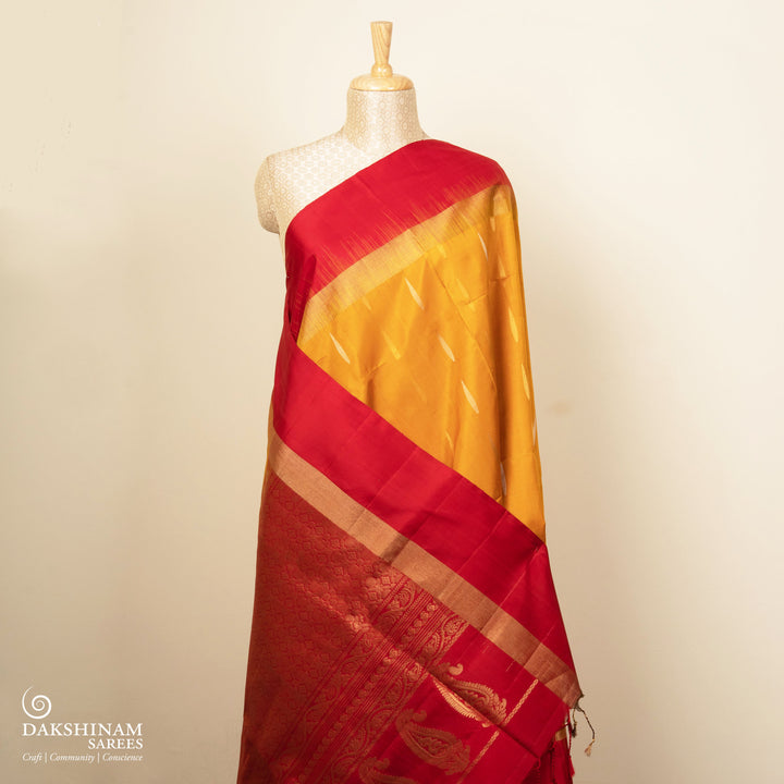 Pleats/body of Handwoven Yellow with Red color Soft silk Saree