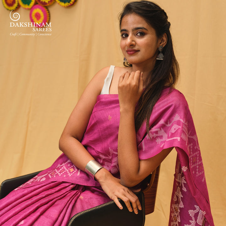 Pink Handwoven Tussar Silk Saree with Jamdani Floral Border and Star Buttas 3506T017326DSC