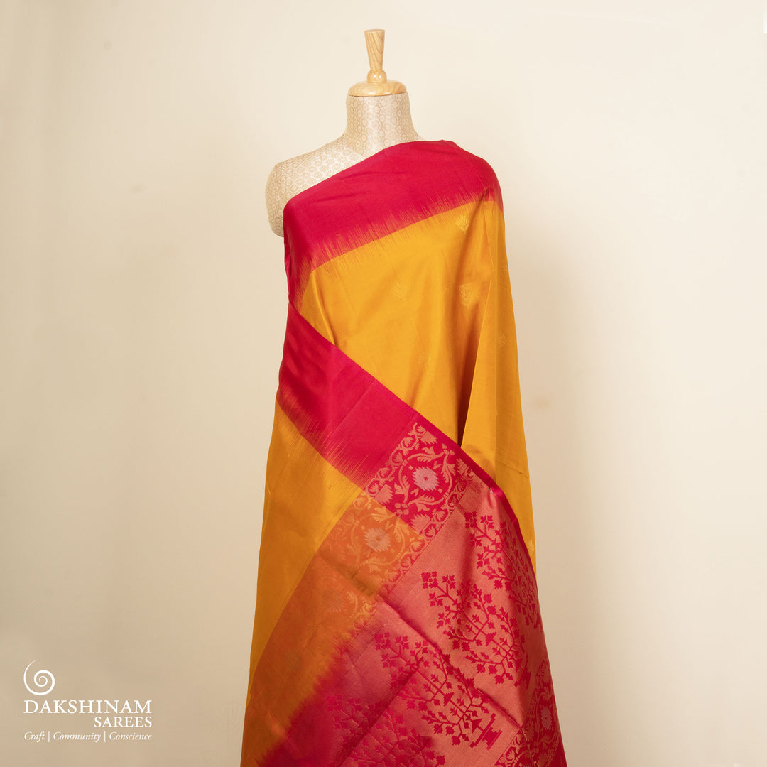Pleats/body of Handwoven Yellow with Red color Soft silk Saree