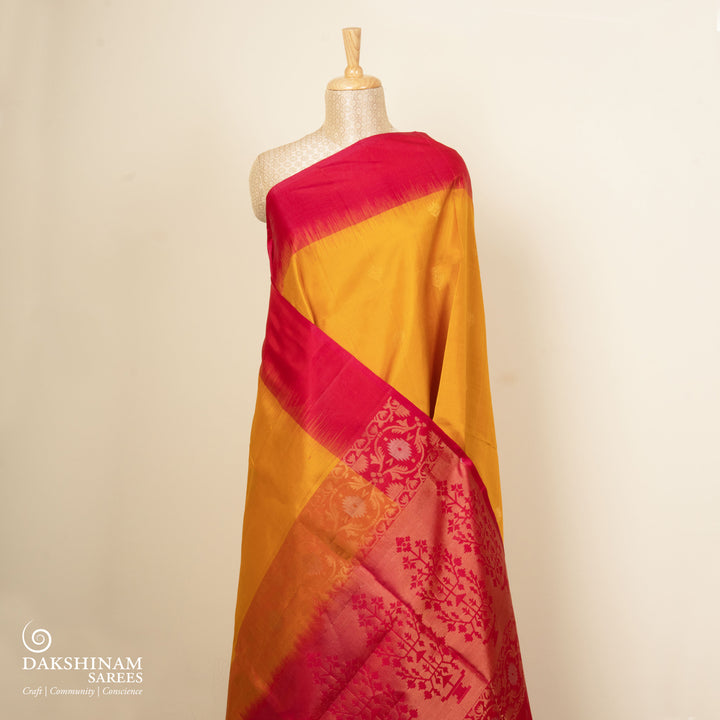 Pleats/body of Handwoven Yellow with Red color Soft silk Saree