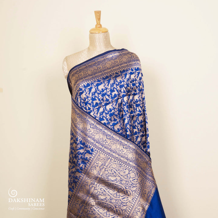 Pleats/body of Handwoven Royal Blue Banarasi silk Saree