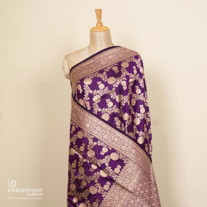 Pleats/body of Handwoven Purple color Banarasi silk Saree