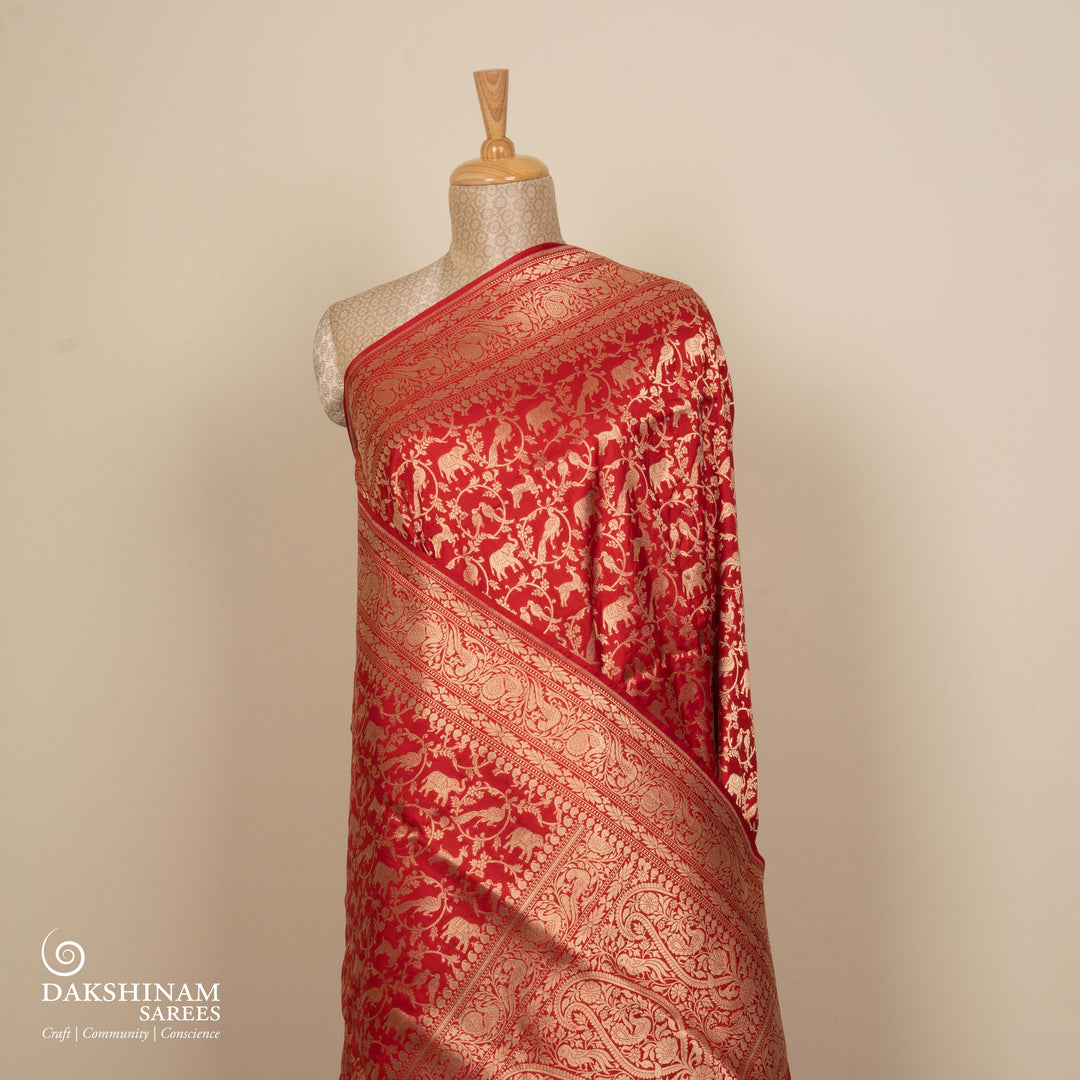 Pleats/body of Handwoven Red color Banarasi Katan silk Saree