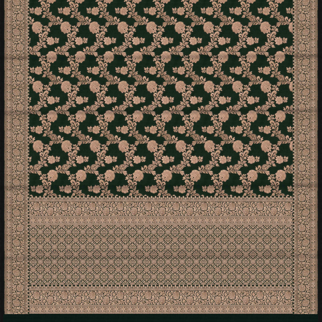 Pallu of Handwoven Bottle Green color Banarasi Katan silk Saree