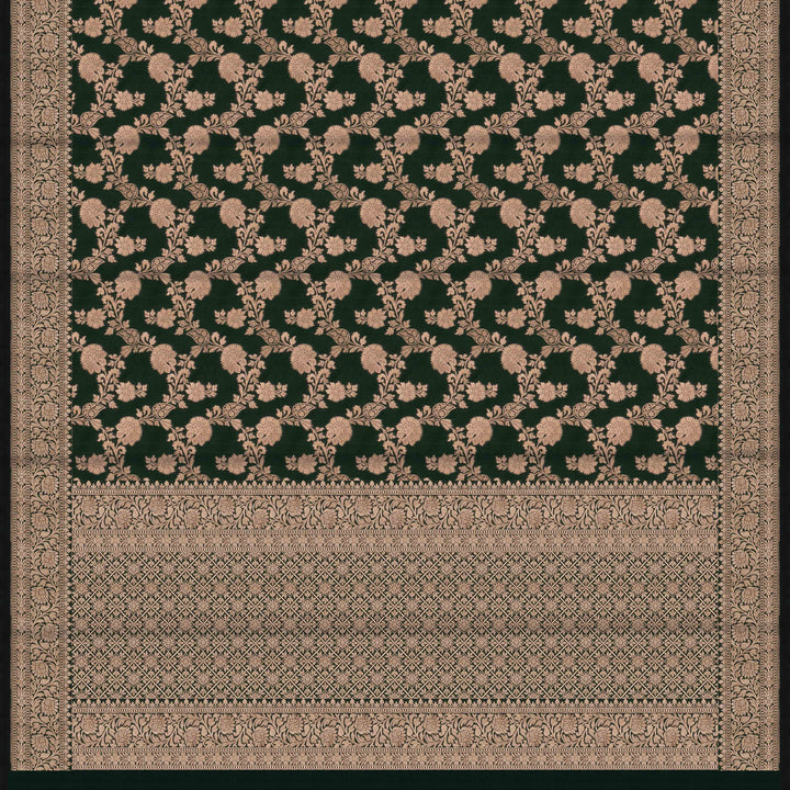 Pallu of Handwoven Bottle Green color Banarasi Katan silk Saree