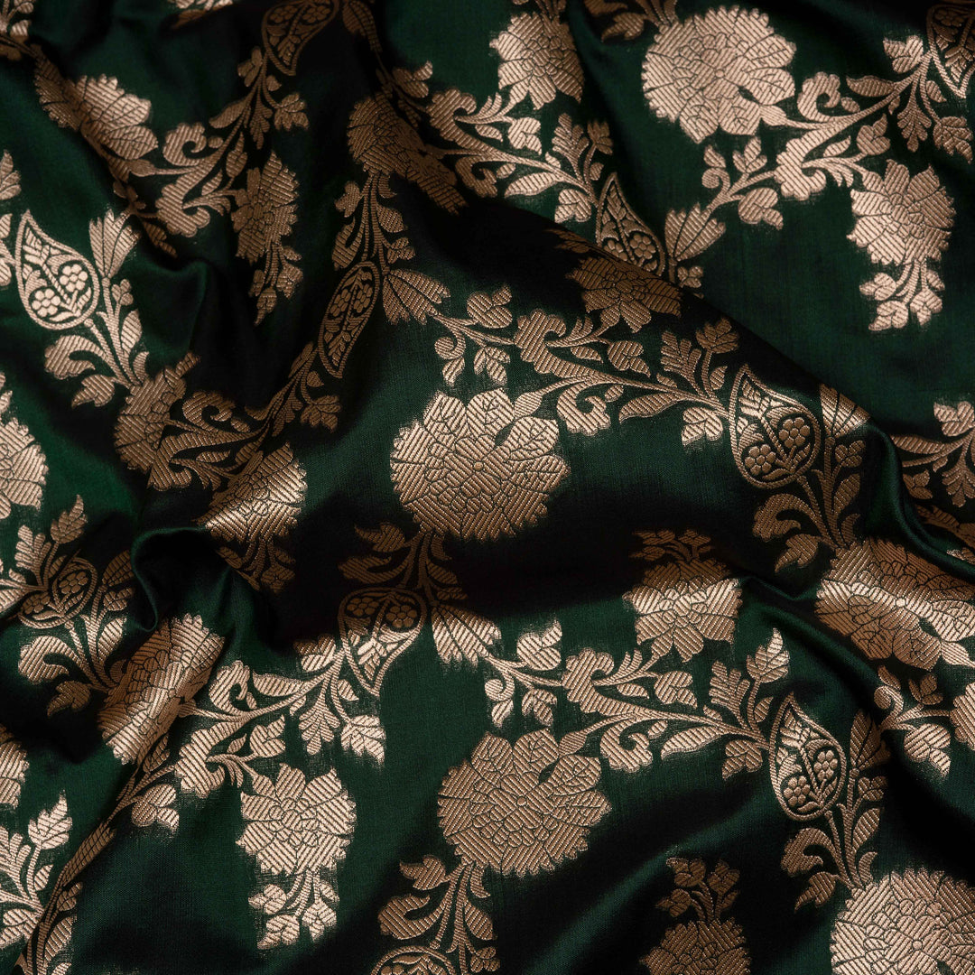 Closeup of Handwoven Bottle Green color Banarasi Katan silk Saree