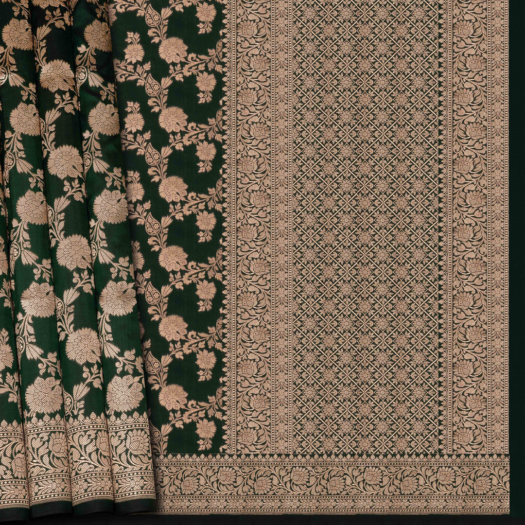 Two pieces of fabric with intricate patterns, one green with floral designs and the other beige with geometric patterns.