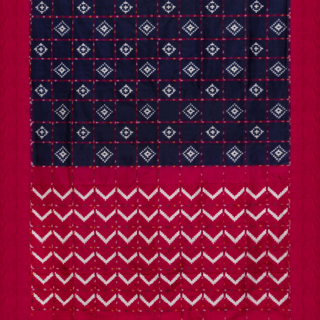 Pallu of Handwoven Navy Blue with Pink Double Ikat silk Saree