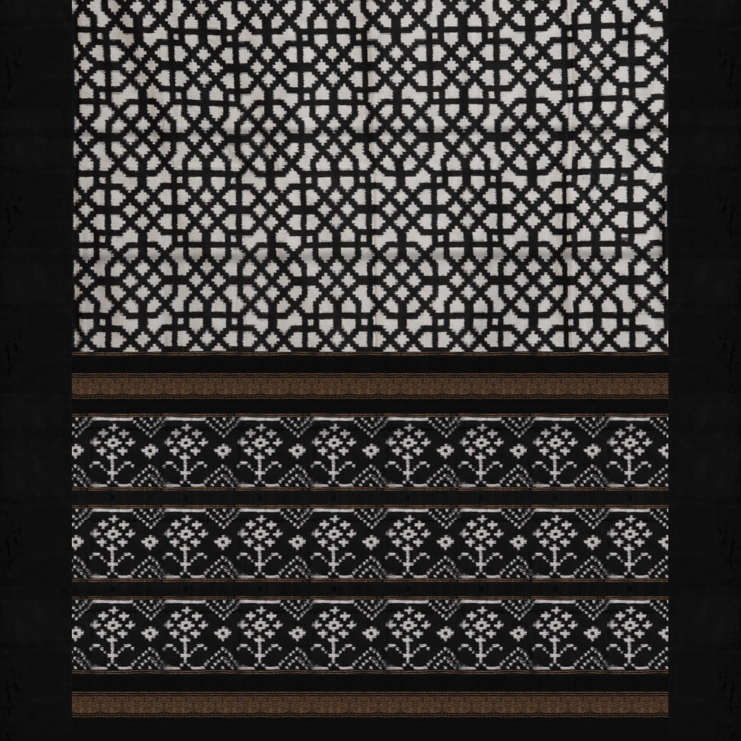 Pallu of Handwoven Black with white Double Ikat silk Saree