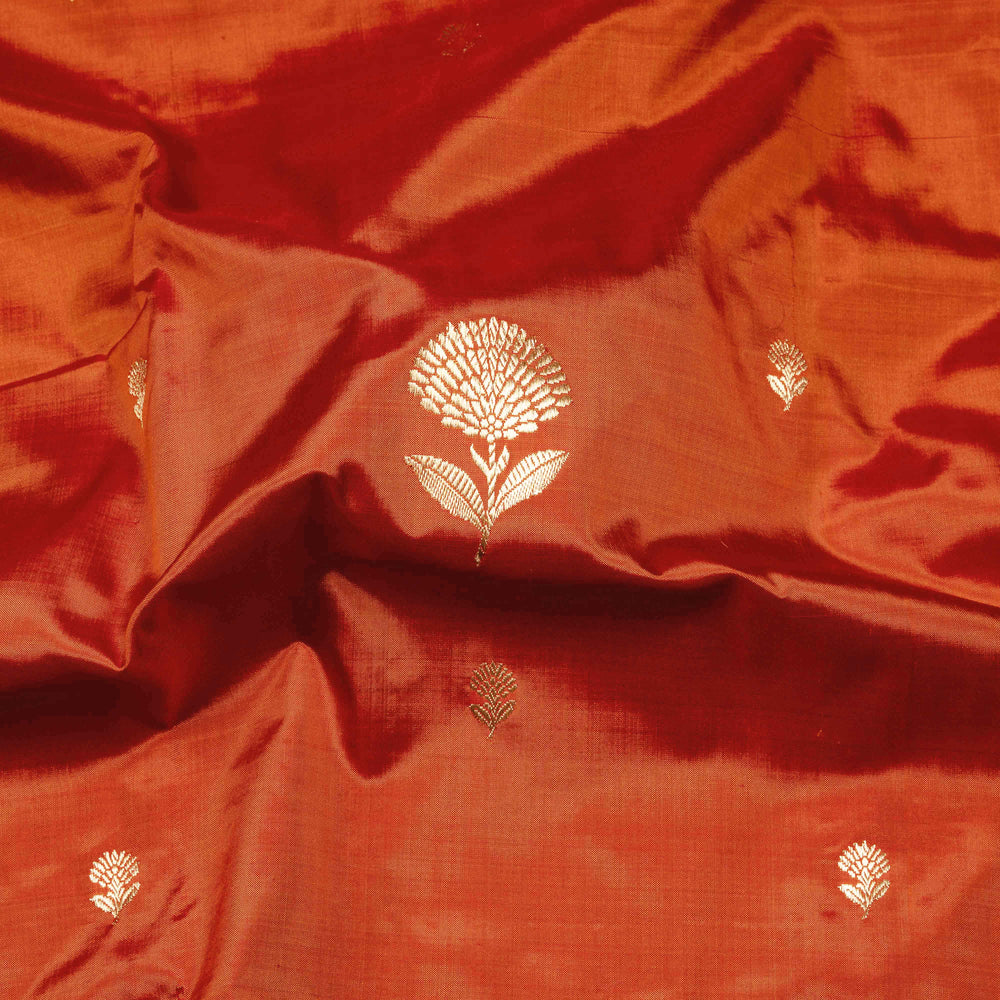 Closeup of Handwoven Orange color Mubarakpur Banarasi silk Saree