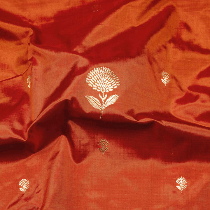 Closeup of Handwoven Orange color Mubarakpur Banarasi silk Saree