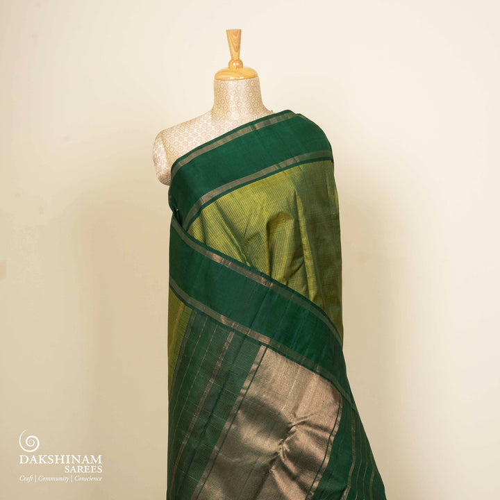 Pleats/body of Handwoven Green Checked Kanjivaram silk Saree