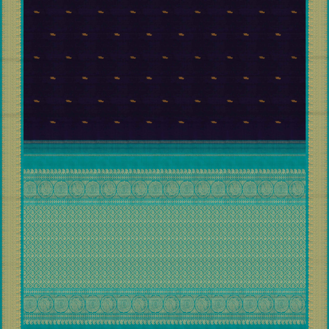 Pallu of Handwoven Navy Blue with Sky Blue Kanjivaram silk Saree