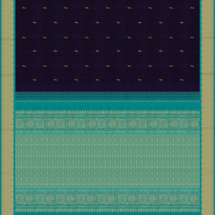 Pallu of Handwoven Navy Blue with Sky Blue Kanjivaram silk Saree