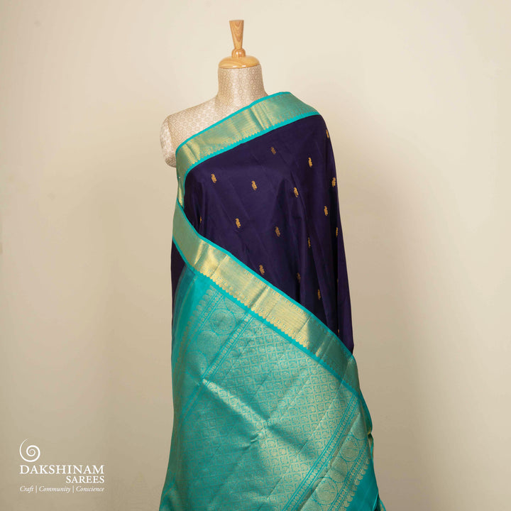 Pleats/body of Handwoven Navy Blue with Sky Blue Kanjivaram silk Saree