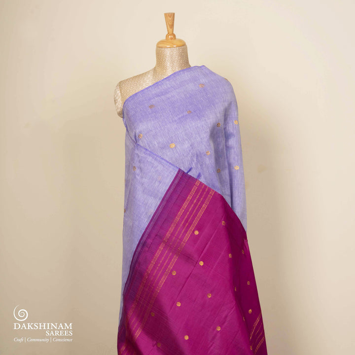 Pleats/body of Handwoven Lavender with Magenta Linen Kanjivaram silk Saree