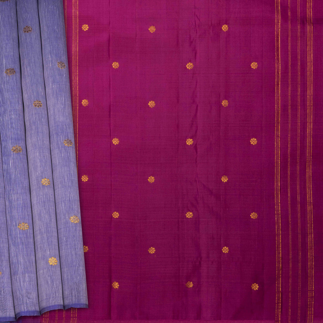 Purple fabric with gold patterns and a blue strip on a red background