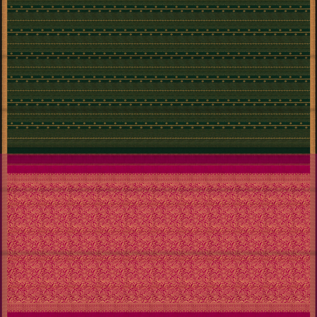 Pallu of Handwoven Bottle Green with Pink Borderless Kanjivaram silk Saree