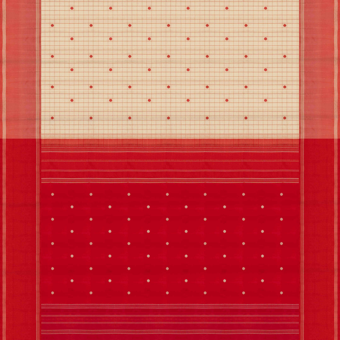 Pallu of Handwoven Pattupettu Kanjivaram silk Saree in Offwhite and Red color