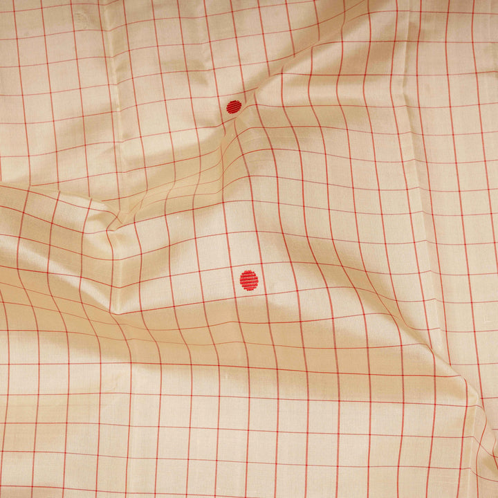 Closeup of Handwoven Pattupettu Kanjivaram silk Saree in Offwhite and Red color