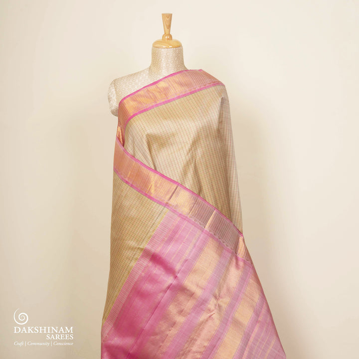 Pleats/body of Handwoven Checked Kanjivaram silk Saree in Beige and Baby Pink color