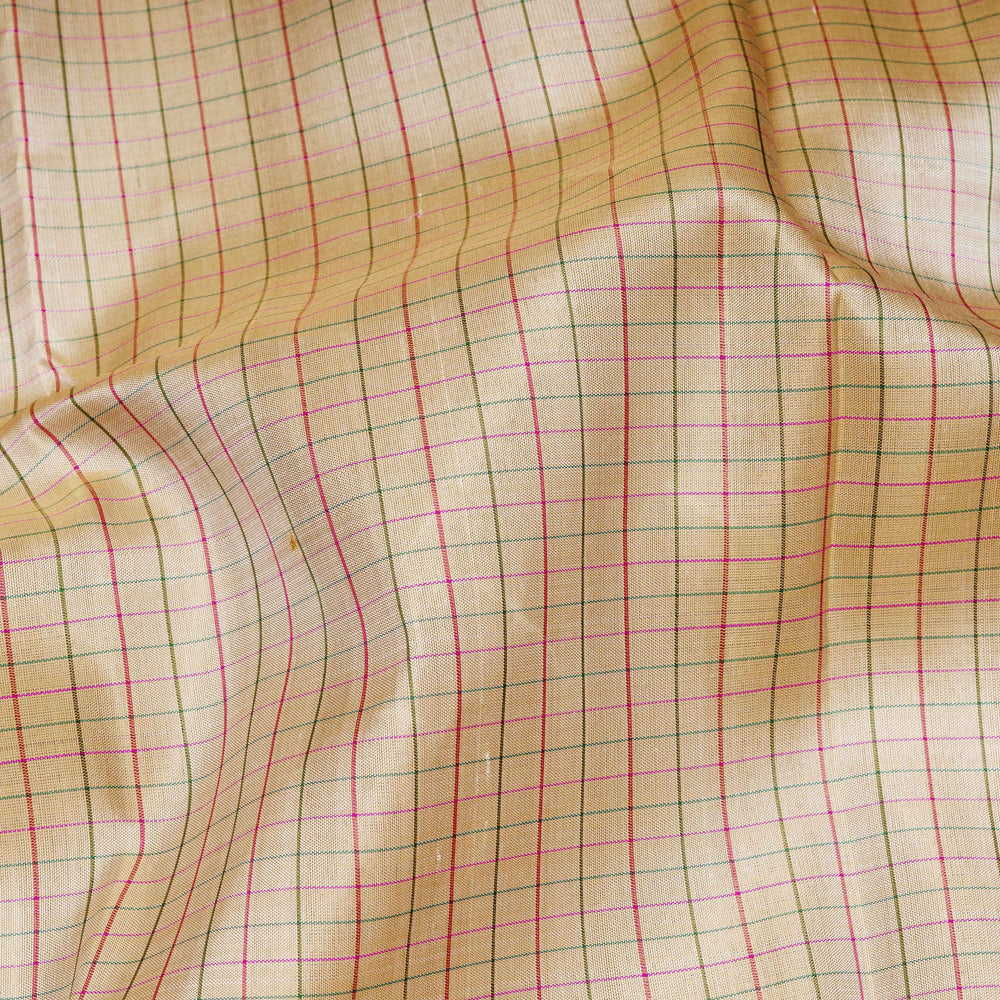 Closeup of Handwoven Checked Kanjivaram silk Saree in Beige and Baby Pink color