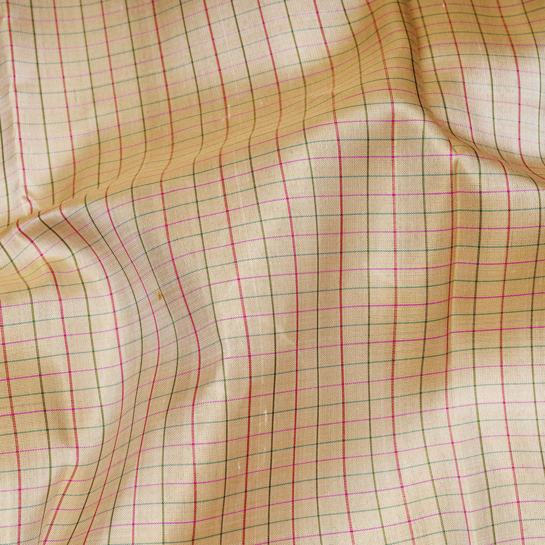 Closeup of Handwoven Checked Kanjivaram silk Saree in Beige and Baby Pink color