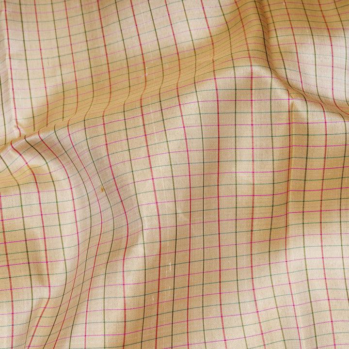 Closeup of Handwoven Checked Kanjivaram silk Saree in Beige and Baby Pink color