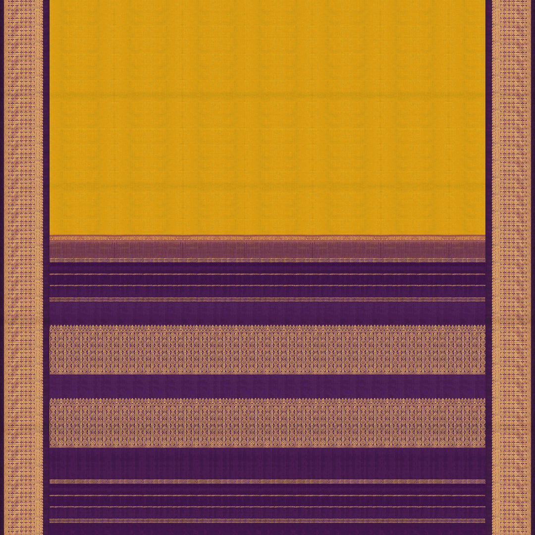 Pallu of Handwoven Korvai Kanjivaram silk Saree in Mustard and Purple color