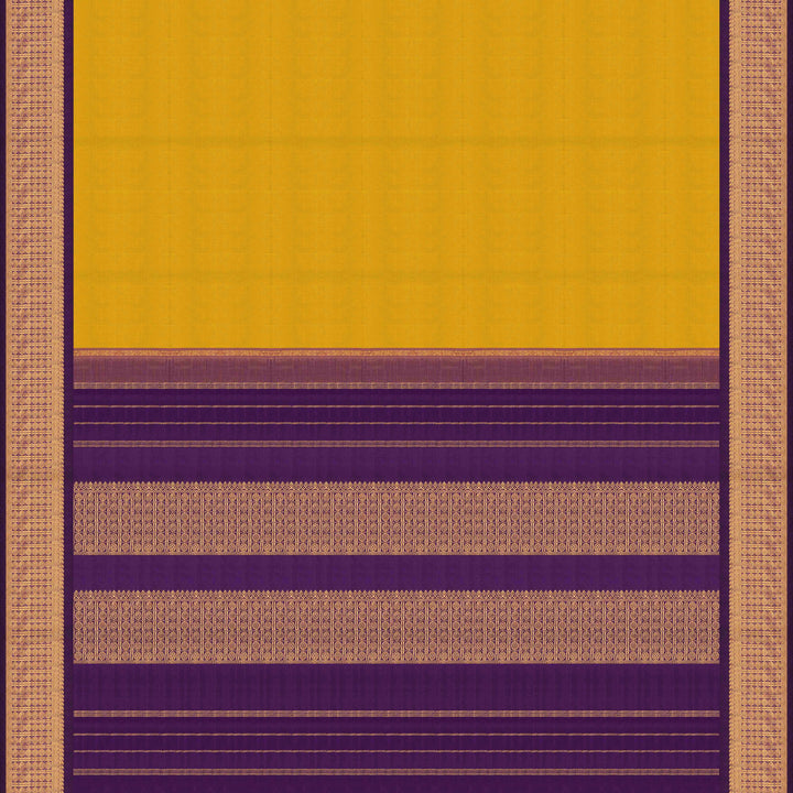 Pallu of Handwoven Korvai Kanjivaram silk Saree in Mustard and Purple color