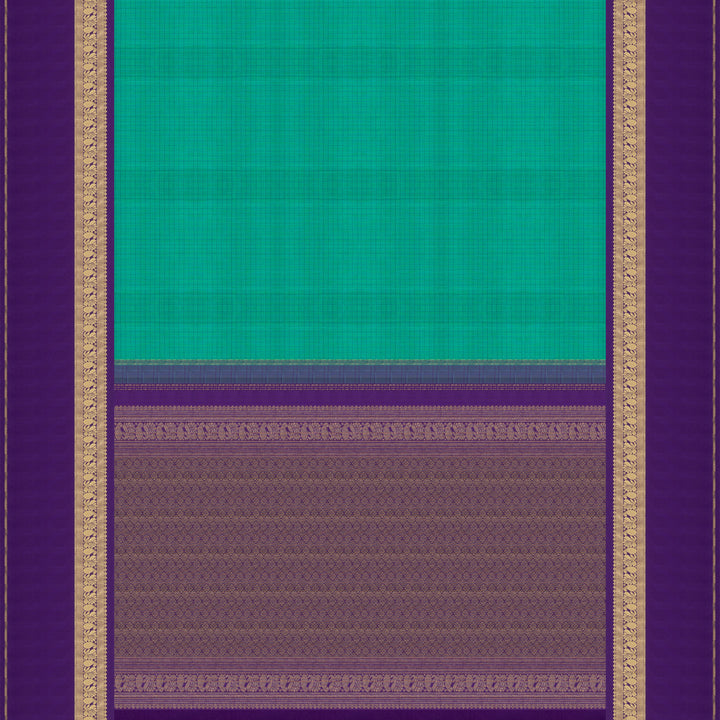 Pallu of Handwoven Checked Korvai Kanjivaram silk saree in Teal Green and Purple color