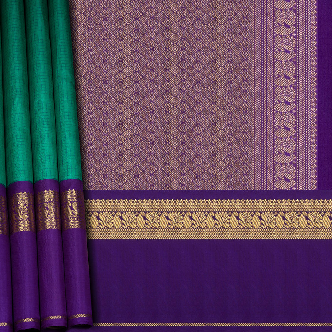 Body design of Handwoven Checked Korvai Kanjivaram silk saree in Teal Green and Purple color