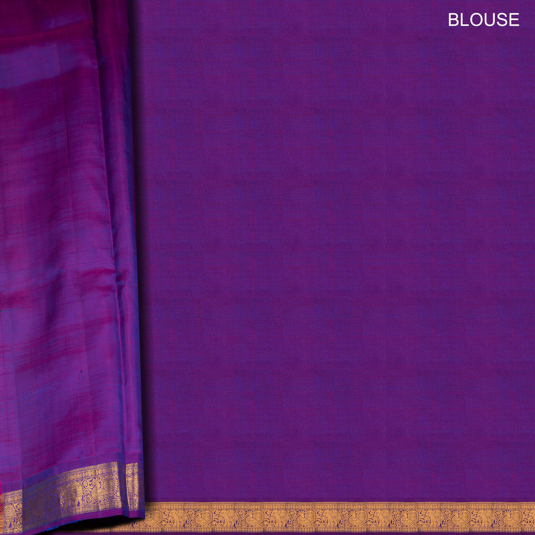 Blouse of Handwoven Kanjivaram silk saree in Peacock Blue and Purple color