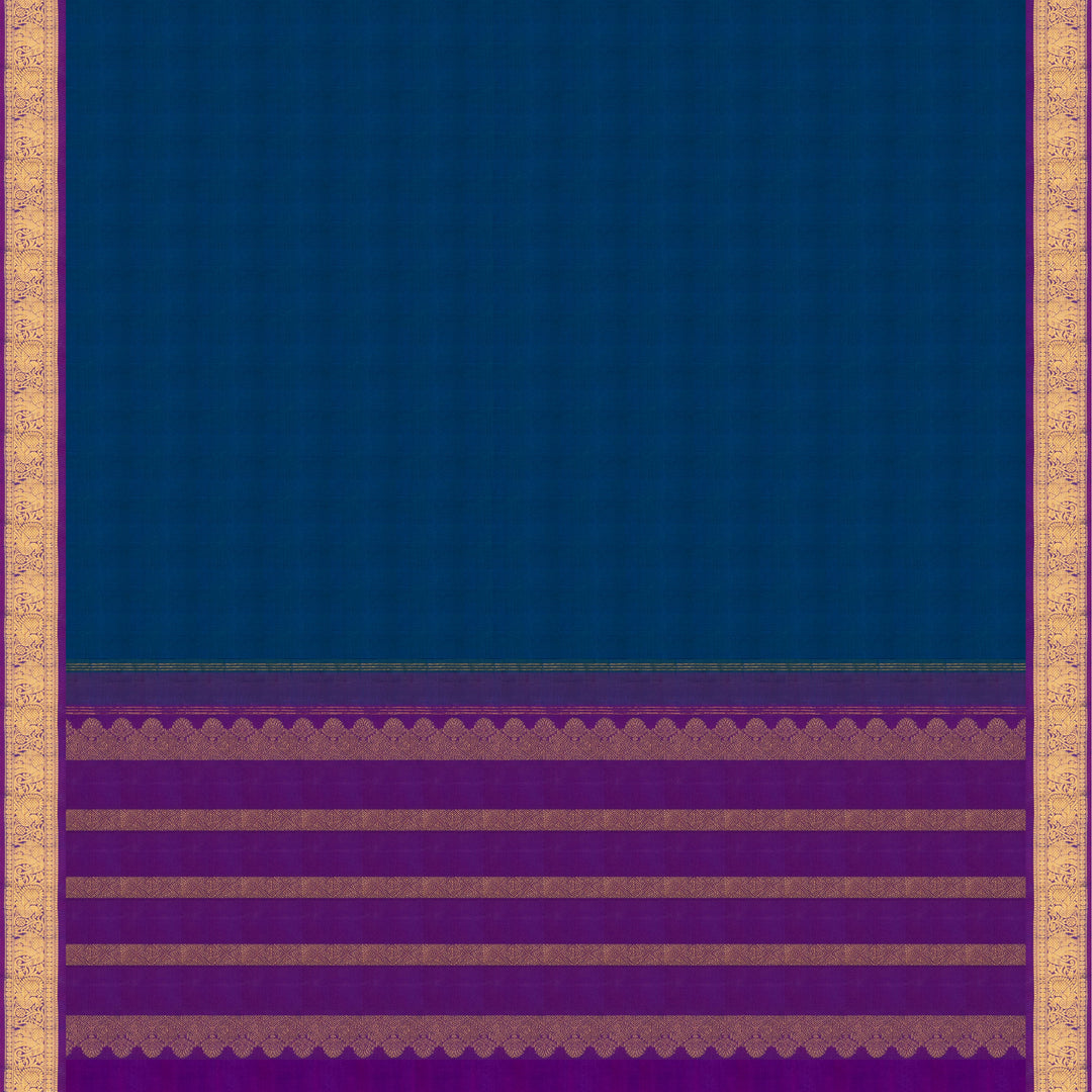 Pallu of Handwoven Kanjivaram silk saree in Peacock Blue and Purple color