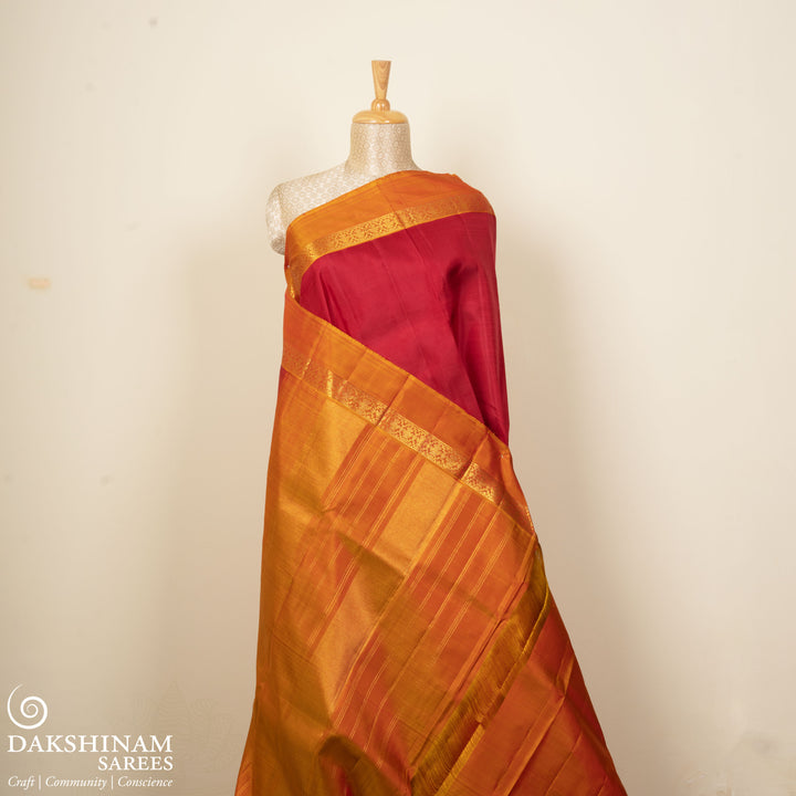 Pleats/body of Handwoven Kanjivaram silk saree in Red and Orange color