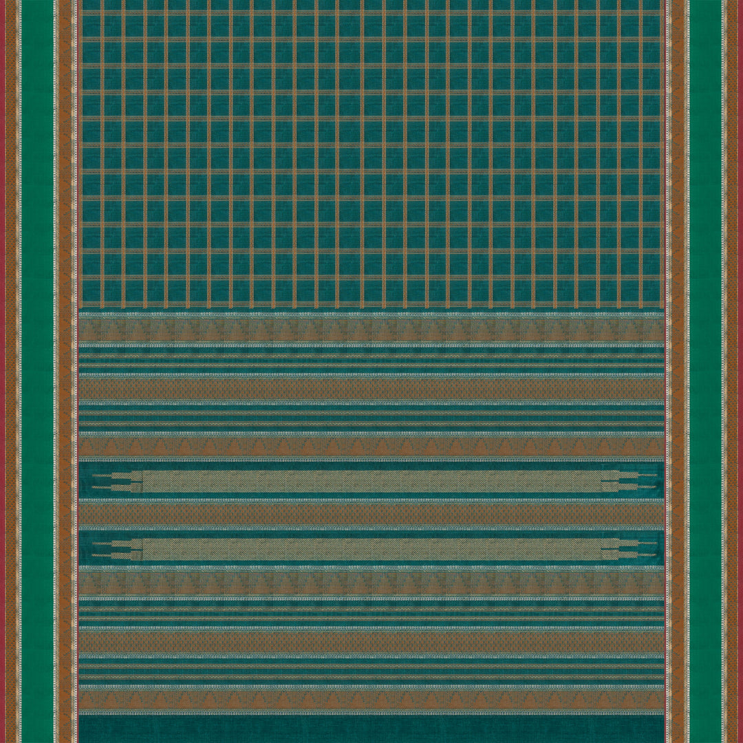 Checked dark green silk cotton saree with rettapet temple border and gold zari pallu design