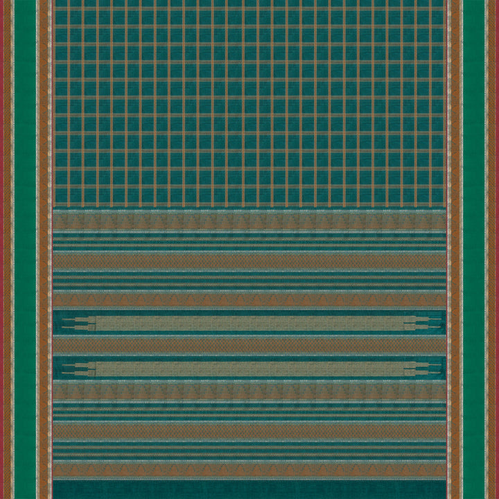 Checked dark green silk cotton saree with rettapet temple border and gold zari pallu design