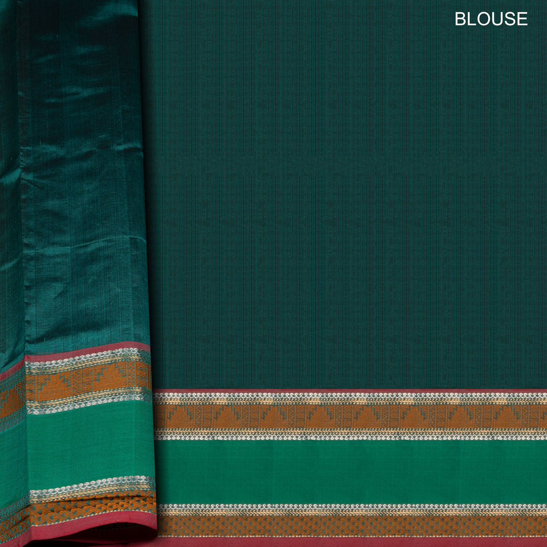 Checked dark green silk cotton saree with rettapet temple border and gold zari pallu design