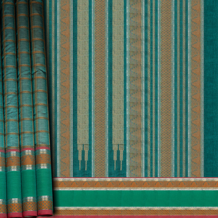 Checked dark green silk cotton saree with rettapet temple border and gold zari pallu design