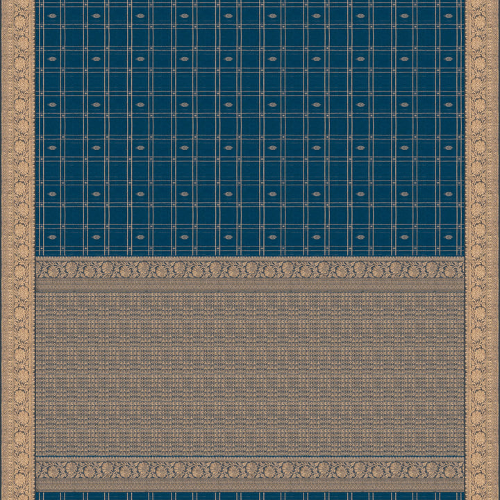 Blue checked silk cotton saree with gold zari border featuring leaf motifs and dotted check pattern