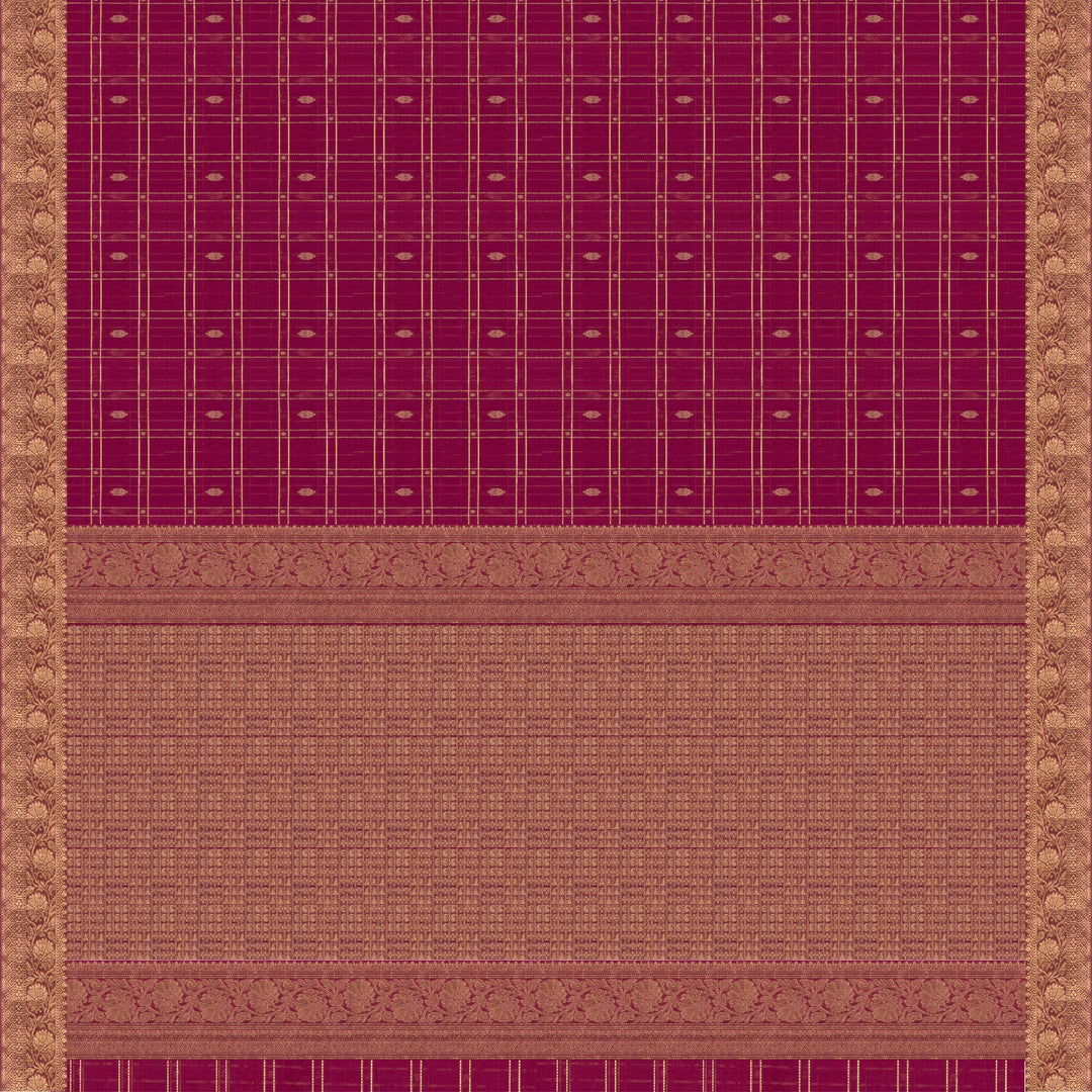 Magenta checked silk cotton saree with gold zari border featuring leaf motifs and dotted check pattern
