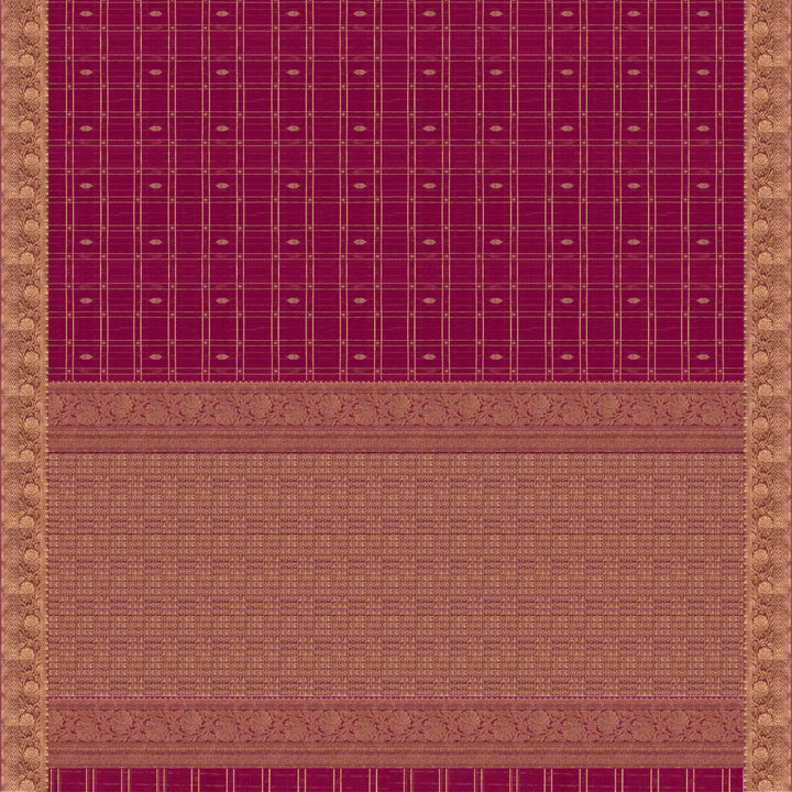 Magenta checked silk cotton saree with gold zari border featuring leaf motifs and dotted check pattern