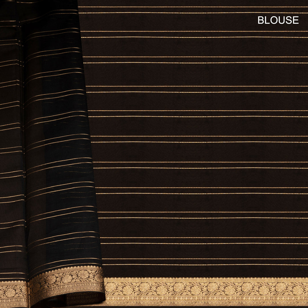 Black checked silk cotton saree with gold zari border featuring leaf motifs and dotted check pattern