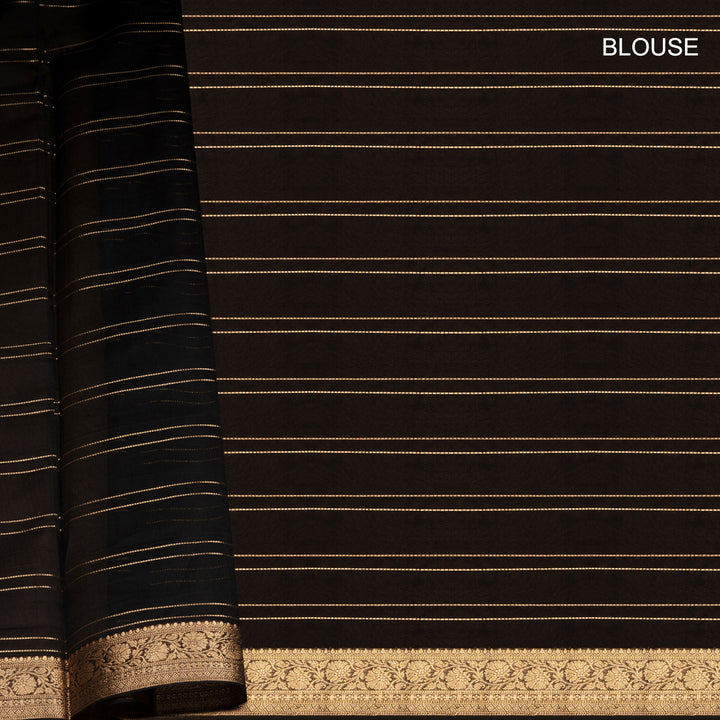 Black checked silk cotton saree with gold zari border featuring leaf motifs and dotted check pattern