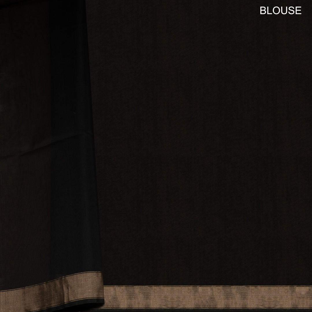 Black and light green silk cotton saree with gold zari border, striped panels and diamond butta motifs