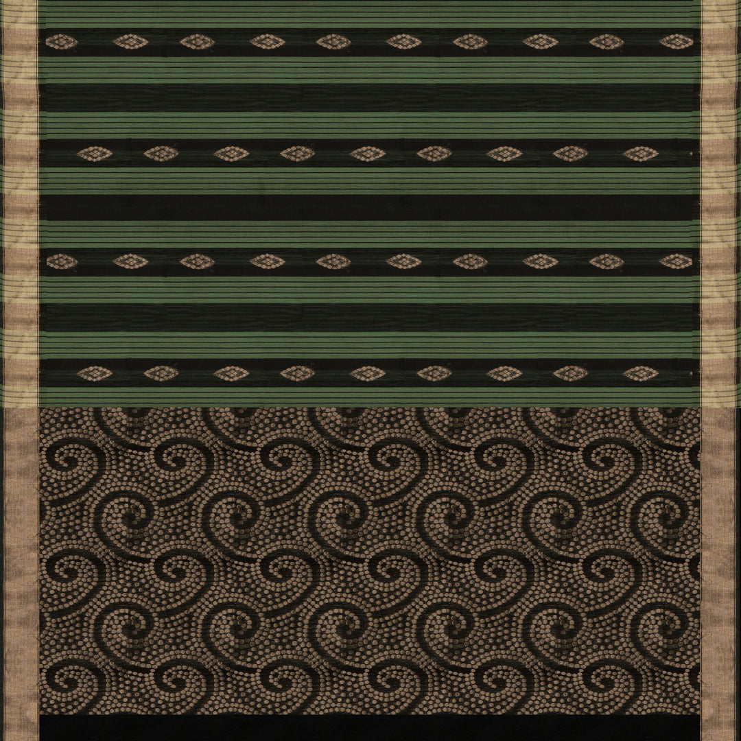 Black and light green silk cotton saree with gold zari border, striped panels and diamond butta motifs