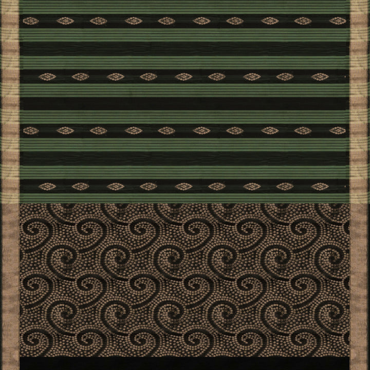 Black and light green silk cotton saree with gold zari border, striped panels and diamond butta motifs